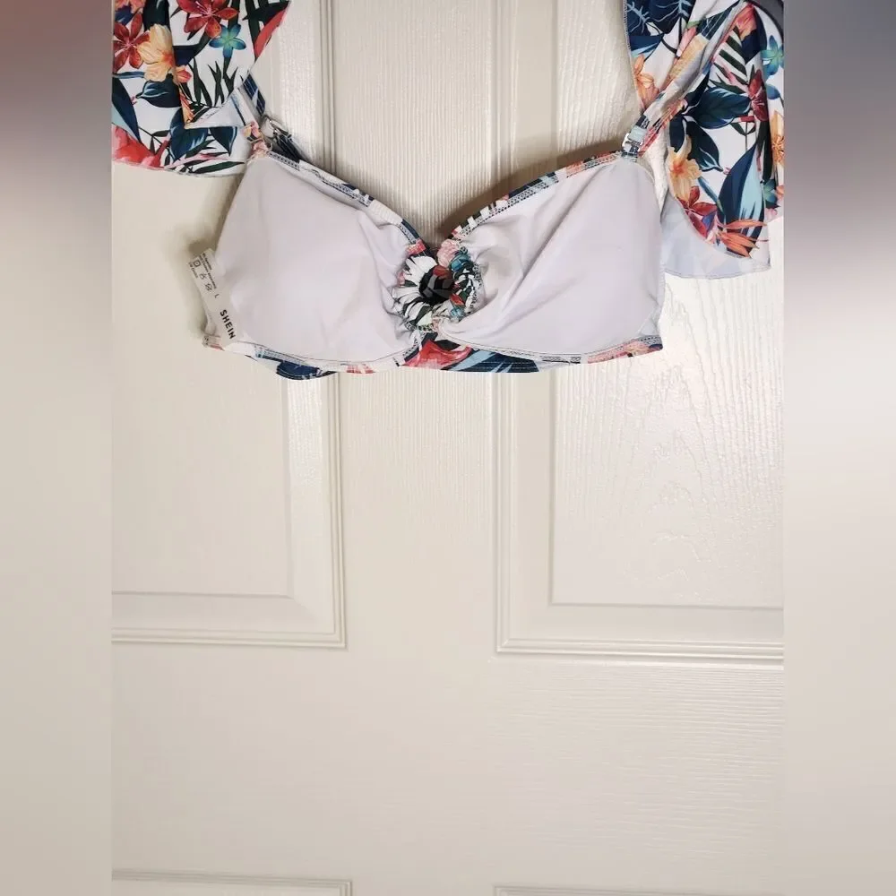 Shein L White Floral Print Top Women's Bikini  Swimsuit